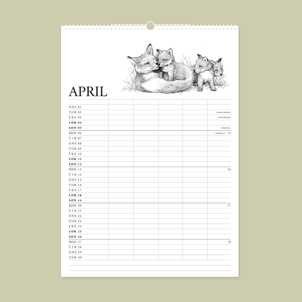 2026 familiekalender med dyr fra den danske natur. April er ræv med unger.