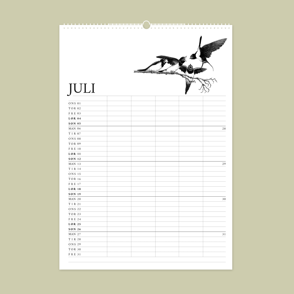 2026 familiekalender med dyr fra den danske natur. Juli er svaler.