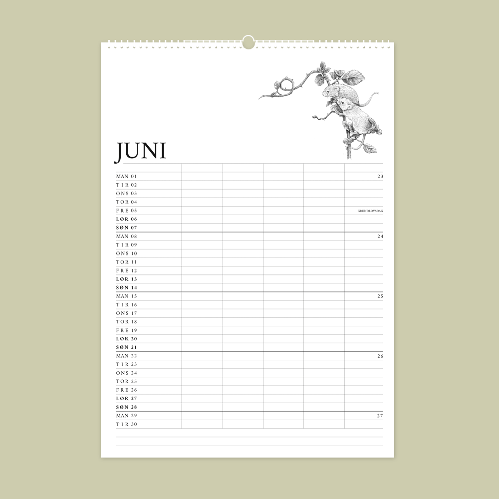 2026 familiekalender med dyr fra den danske natur. Juni er markmus