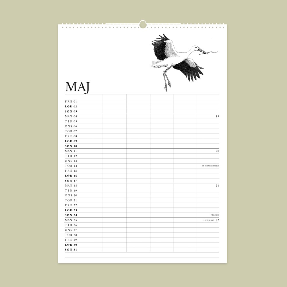 2026 familiekalender med dyr fra den danske natur. April er stork.