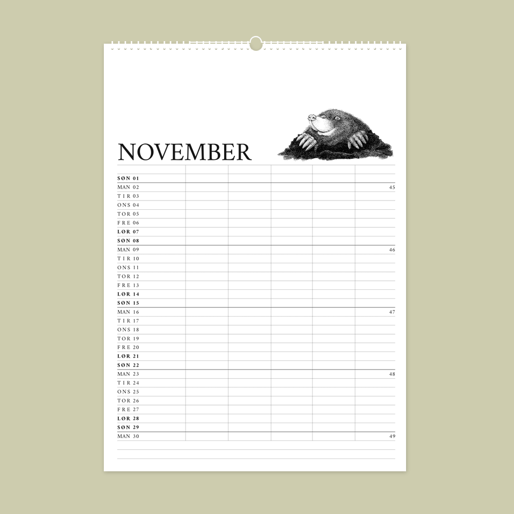 2026 familiekalender med dyr fra den danske natur. Npvember er muldvarp.