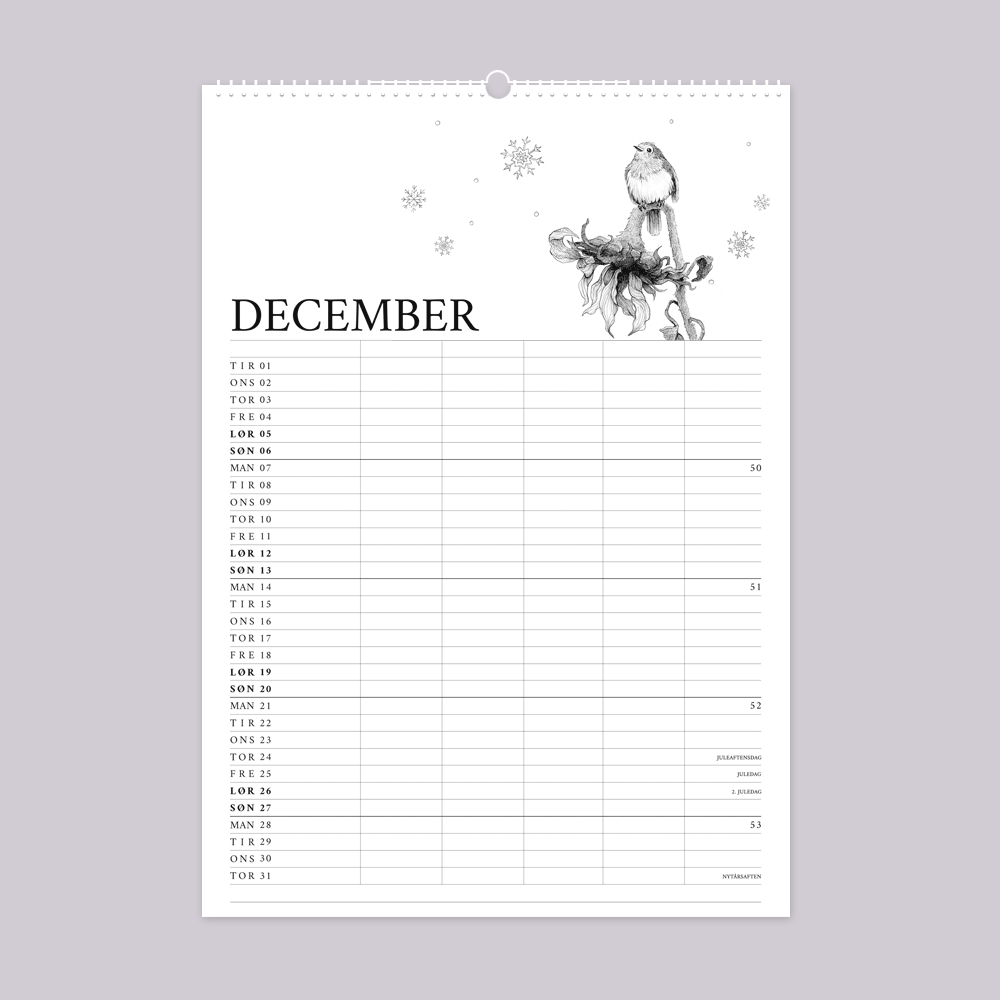 2026 familiekalender med vild have tema. December er med solsikke og rødkælk-