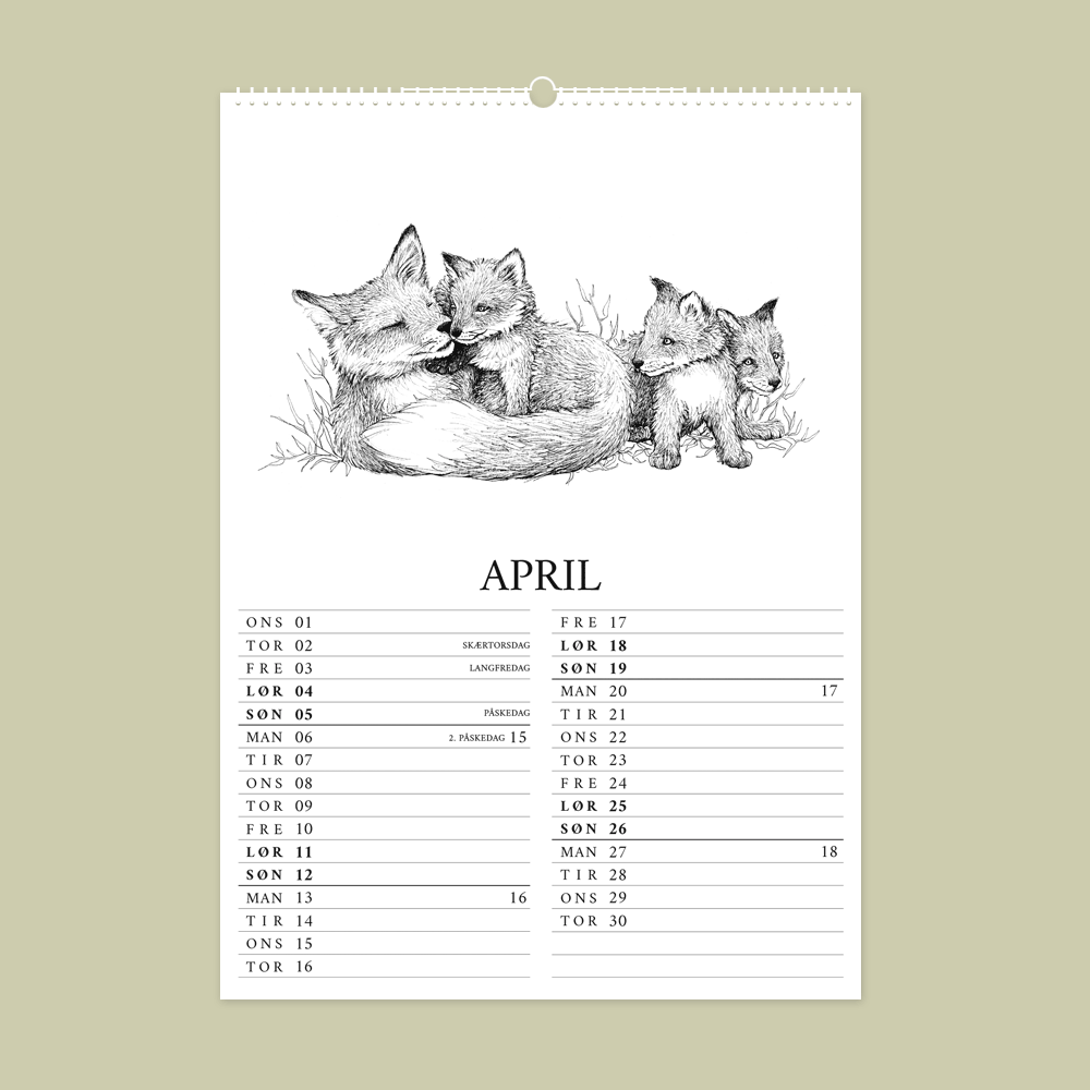 2026 kalender med dyr fra den danske natur. April er med ræv og unger.