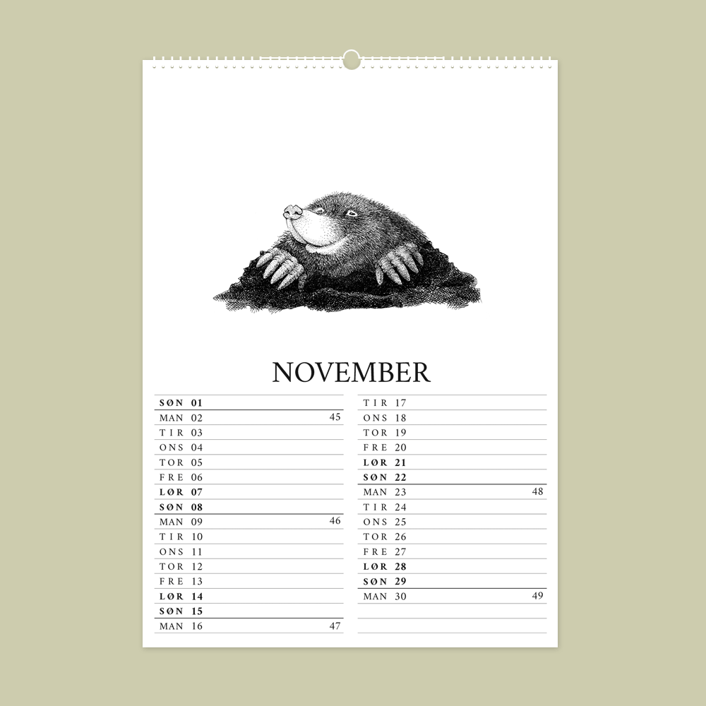 2026 kalender med dyr fra den danske natur. November er med muldvarp.