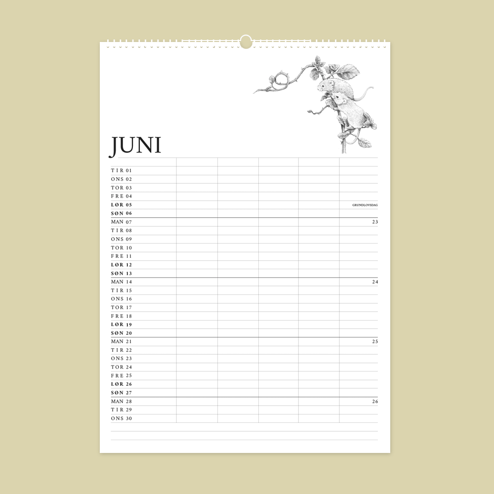 2027 familiekalender. Dyr fra den danske natur. 12 håndtegnede illustrationer af Bettina Lehmann. Markmus i juni