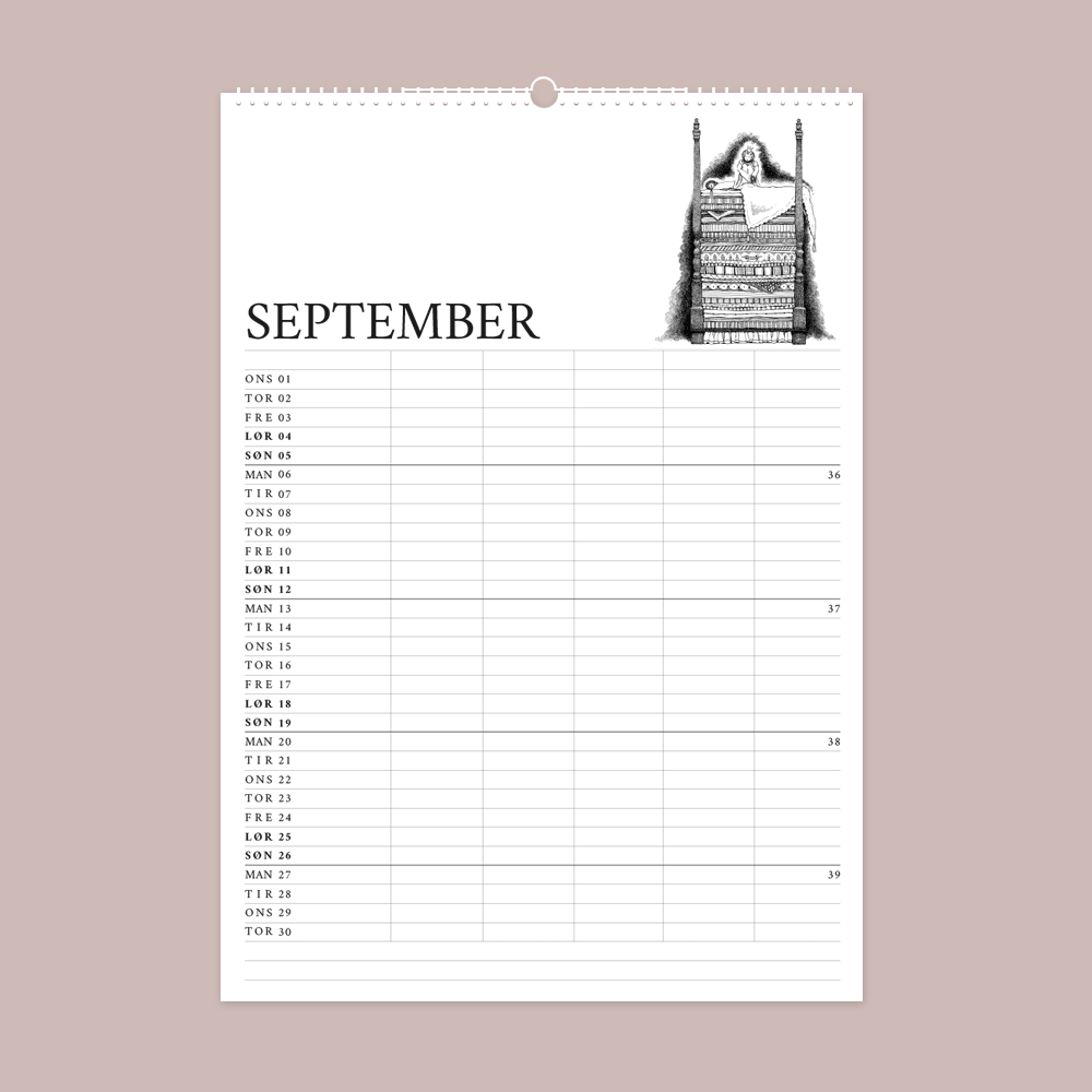 2027 familiekalender. H. C. Andersens eventyr. 12 håndtegnede illustrationer af Bettina Lehmann. September - Prinsessen på ærten