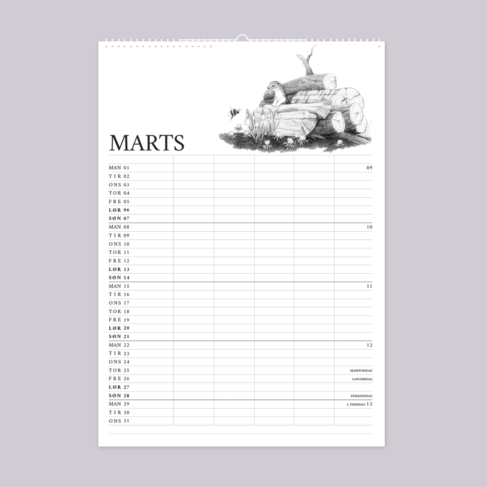 2027 familiekalender. Livet i den vilde have. 12 håndtegnede illustrationer af Bettina Lehmann. Vintergækker, erantis og lille brud