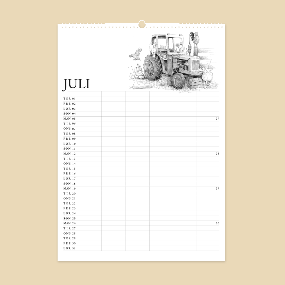 2027 familiekalender. Livet på gården. 12 håndtegnede illustrationer af Bettina Lehmann. Gammel traktor