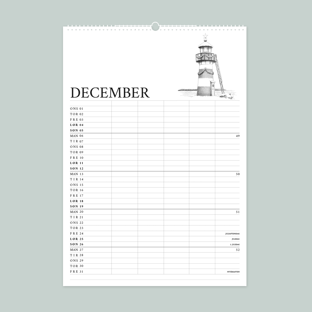 2027 Familiekalender Livet ved havet med håndtegnede illustrationer af Bettina Lehmann. Lille fyrtårn