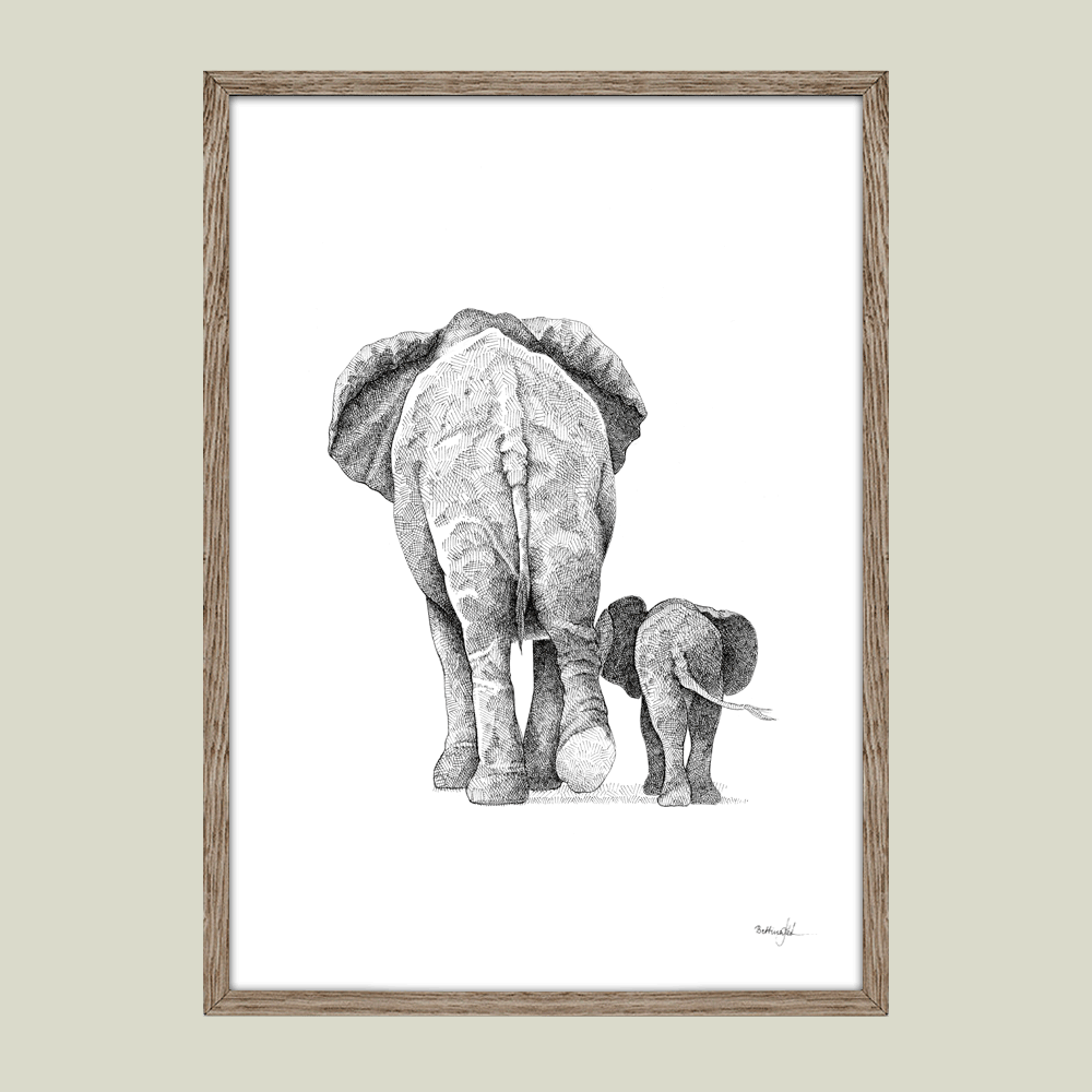 Håndtegnet familieplakat med elefanter – tre elefanter går side om side som symbol på kærlighed, tryghed og ubrydelige familiebånd.