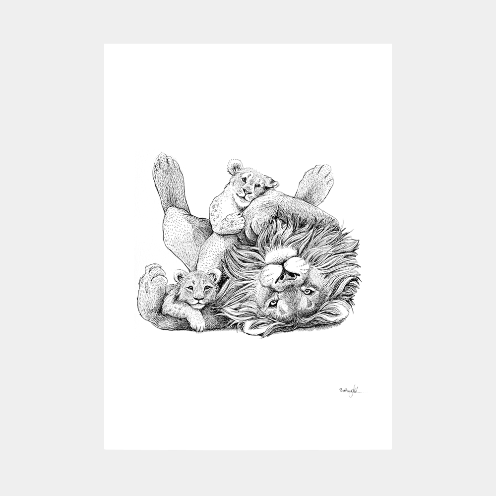 Håndtegnet familieplakat med løvefar og unger – symbol på kærlighed, tryghed og leg mellem far og børn.