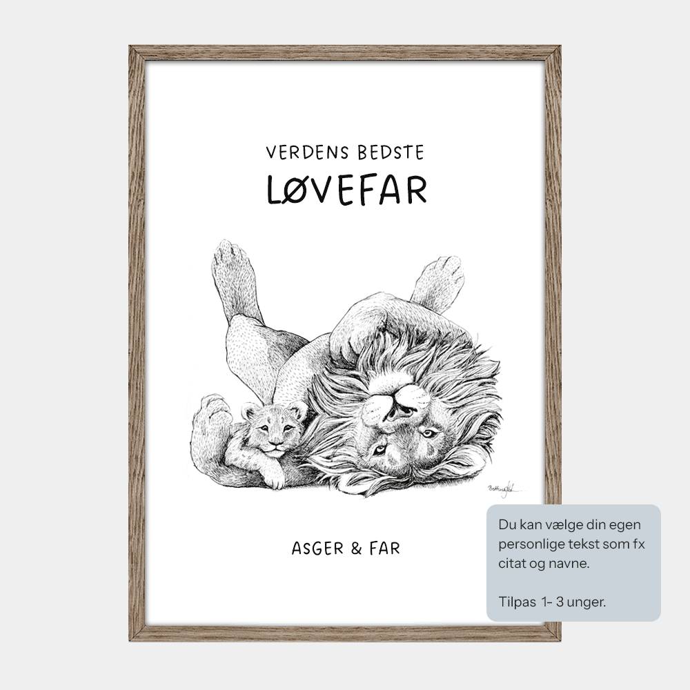 Plakat med personlig tekst og løvefar og unge. Eksempeltekst 'Verdens bedste løvefar' og navne. Håndtegnet illustration af Bettina Lehmann
