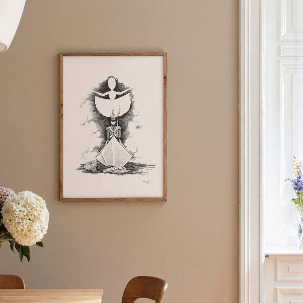 Plakat Den standhaftige tinsoldat, håndtegnet illustration, fra H.C. Andersens eventyr, egetræsramme. Dansk kunstner