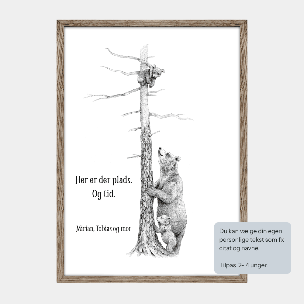 Personlig familieplakat med bjørnemor og 2 unger. Tilføj navne og evt et citat.