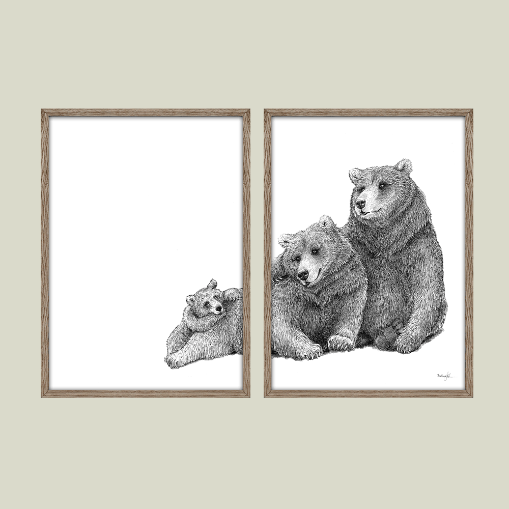 Håndtegnet familieplakat med bjørnefamilie – symbol på tryghed, kærlighed og samhørighed.