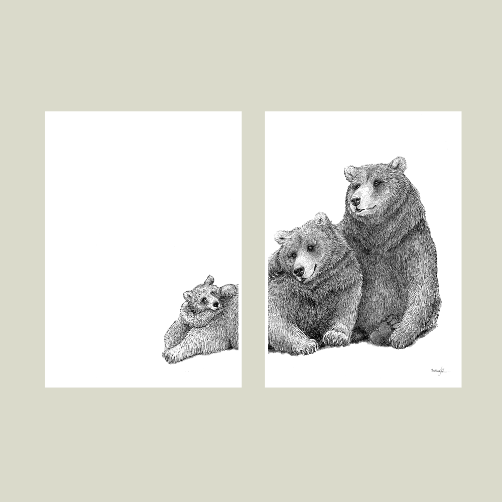 Håndtegnet familieplakat med bjørnefamilie – symbol på tryghed, kærlighed og samhørighed.