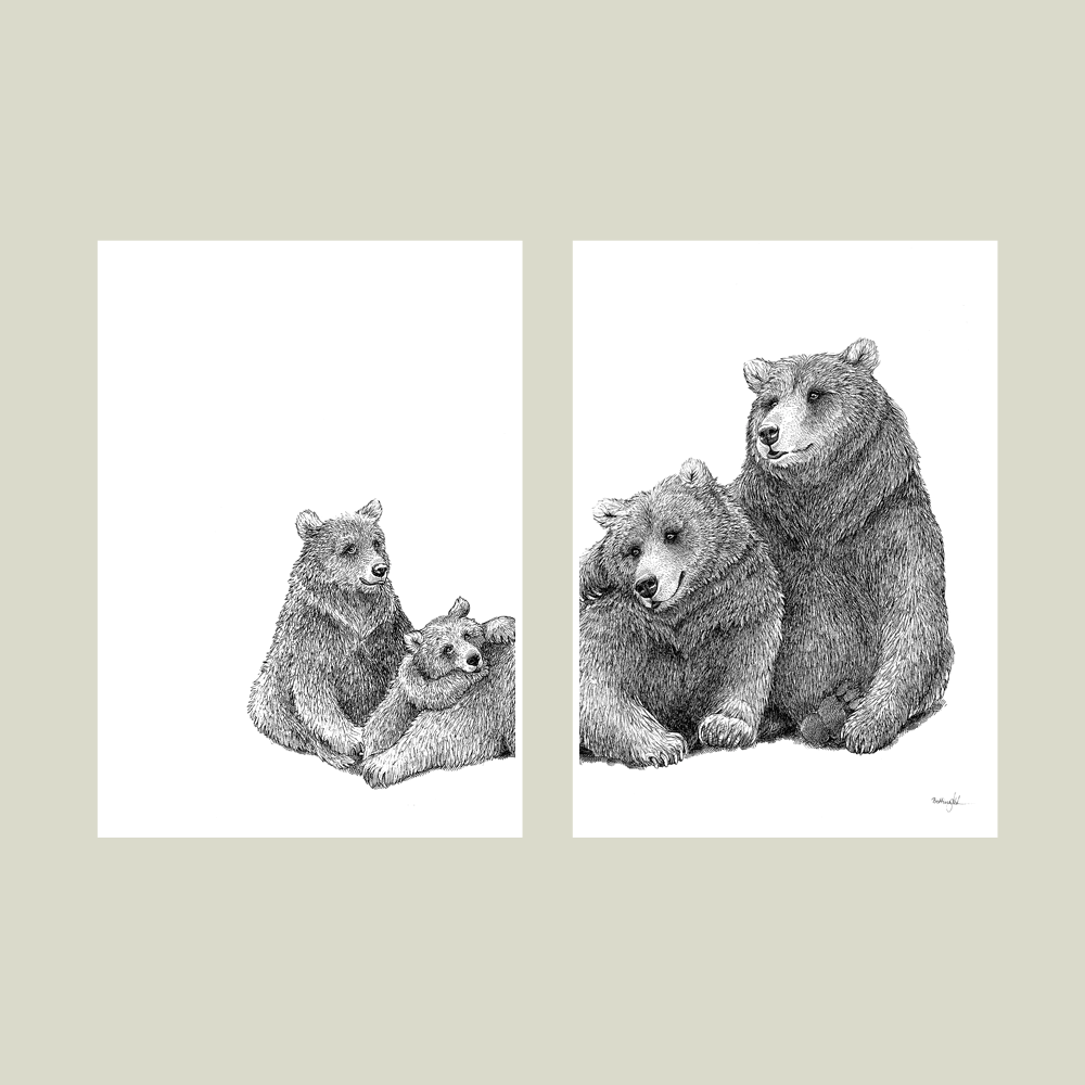 Håndtegnet familieplakat med bjørnefamilie – symbol på tryghed, kærlighed og samhørighed.