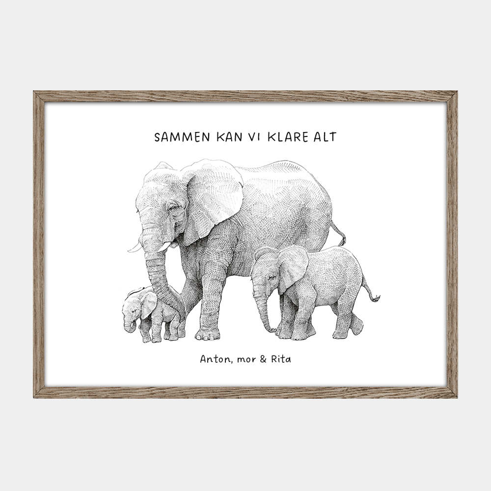 Personlig familieplakat med elefant og to unger. Tilføj navne og fx et citat. "Sammen kan vi klare alt"