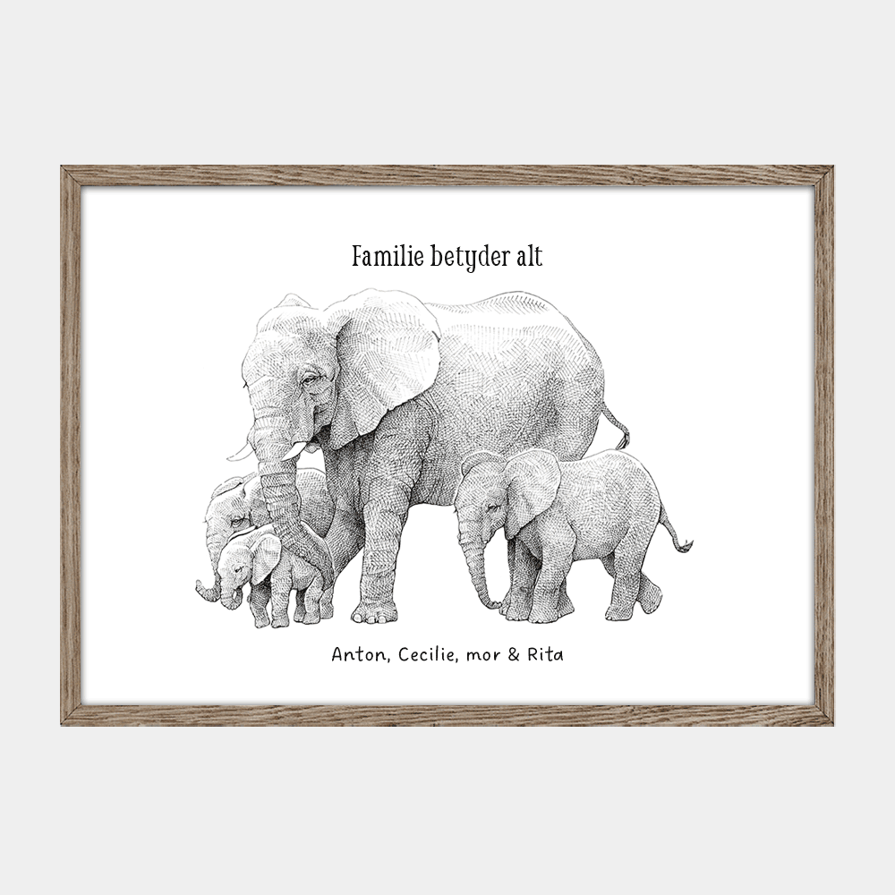 Personlig familieplakat med elefant og tre unger. Tilføj navne og fx et citat. "Familie betyder alt"