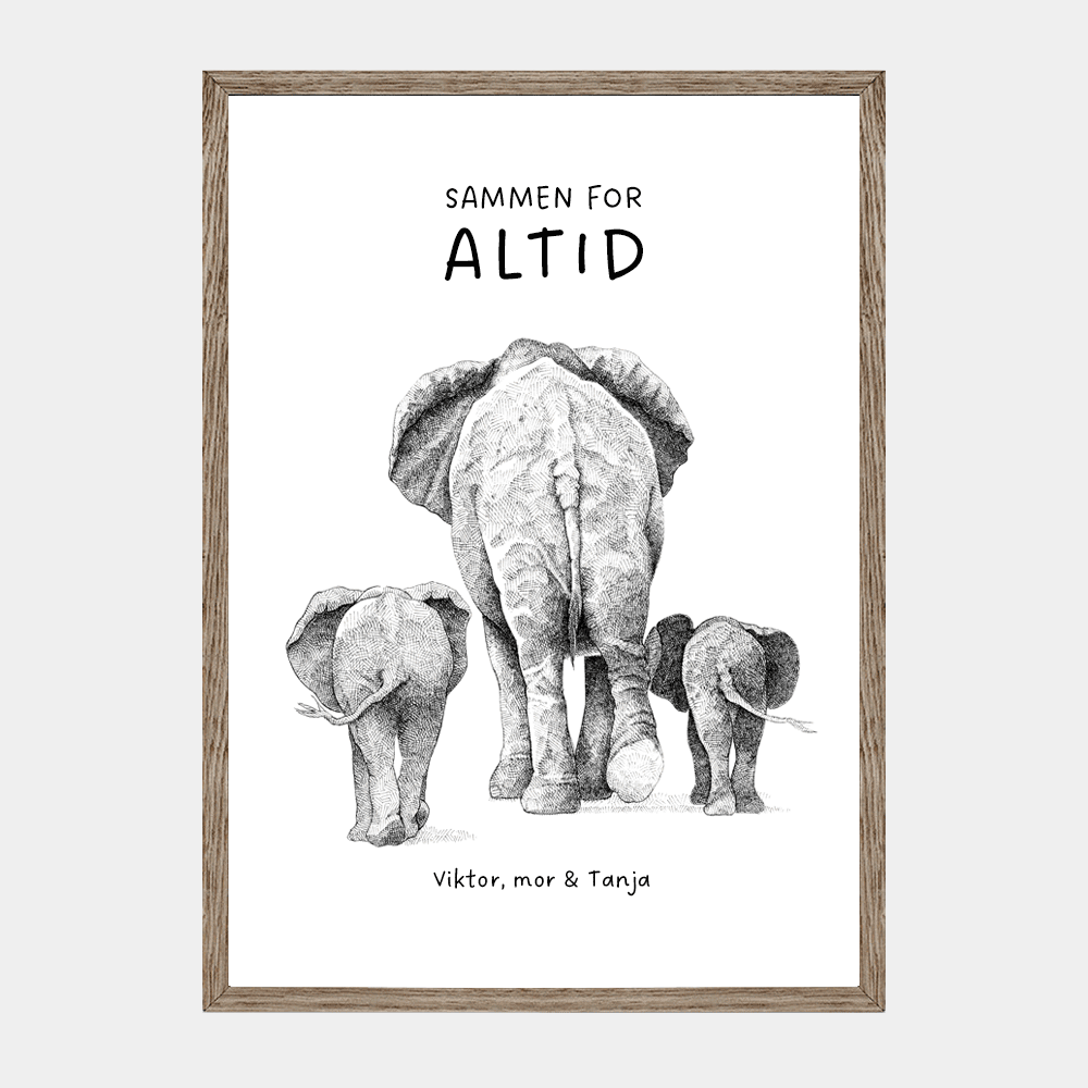 Personlig familieplakat med elefant og to unger. Tilføj navne og fx et citat. "Sammen for altid"