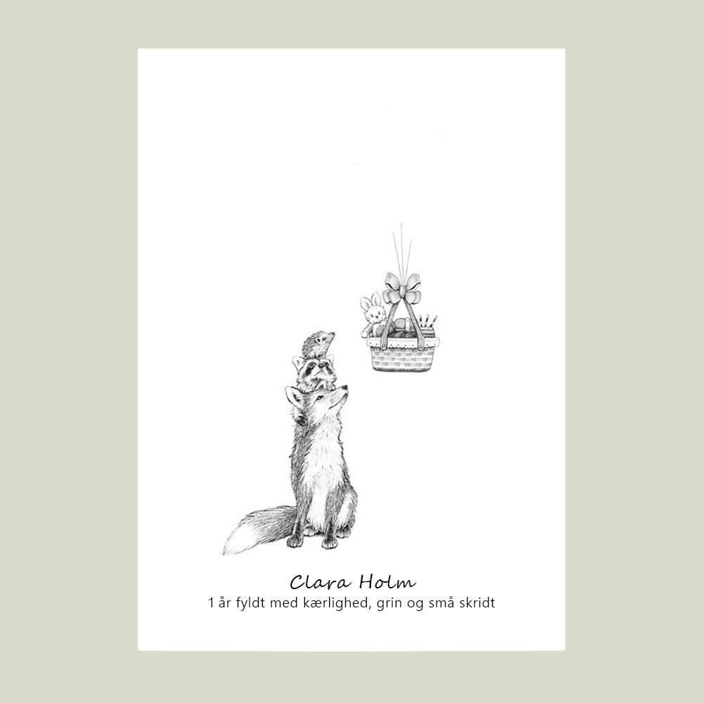 Fingeraftryksplakat med ræv, pindsvin og kurv med balloner – håndtegnet gæstebog plakat til fødselsdag og andre festlige anledninger.