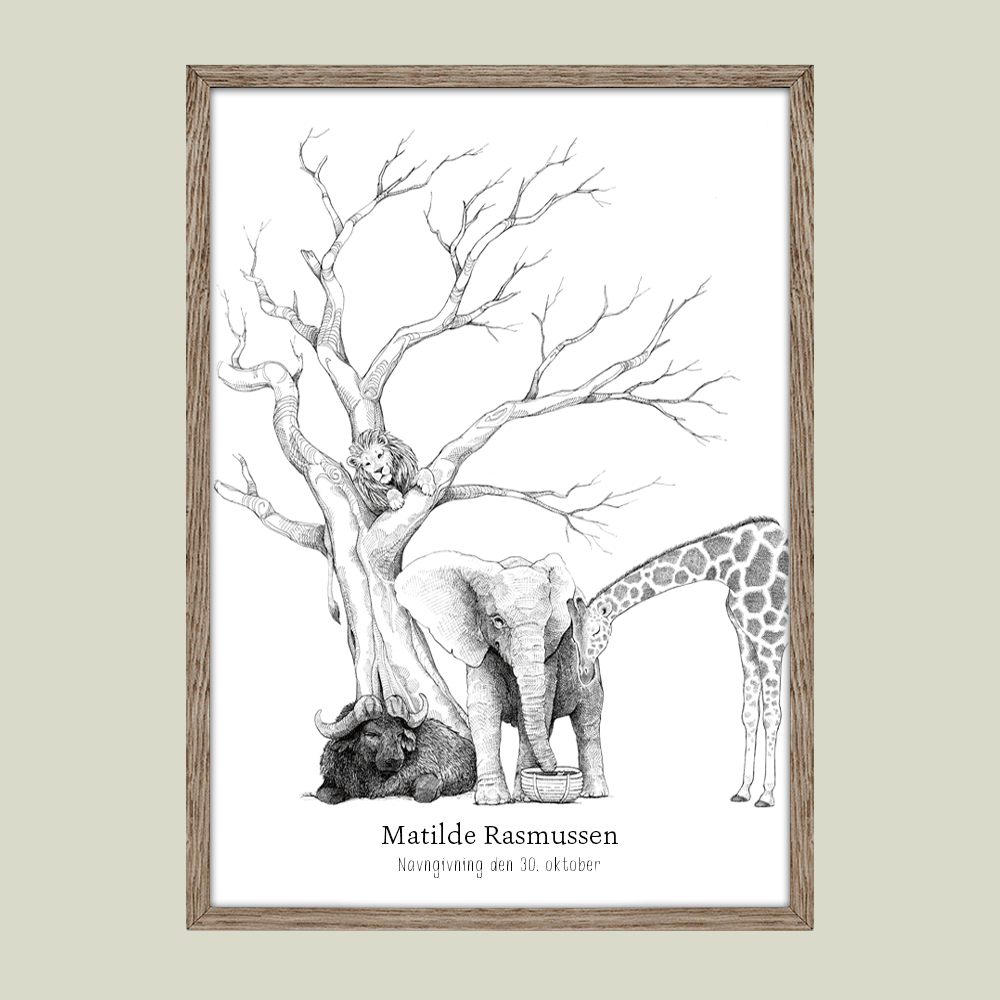 Fingeraftryksplakat med afrikanske dyr under træ – håndtegnet gæstebog plakat til barnedåb og navngivning.