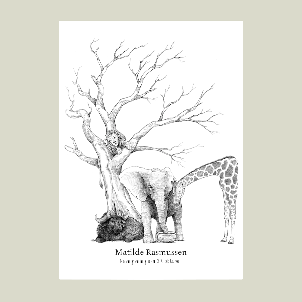 Fingeraftryksplakat med afrikanske dyr under træ – håndtegnet gæstebog plakat til barnedåb og navngivning.