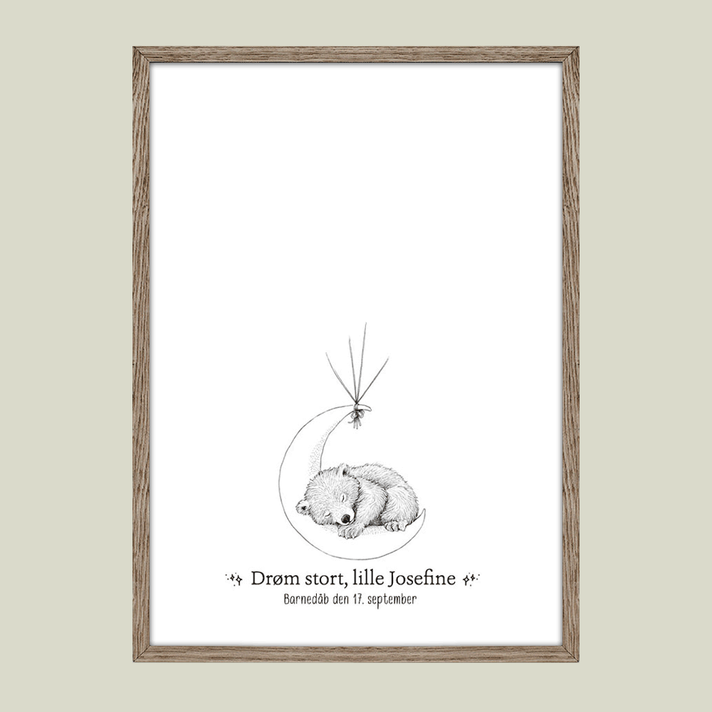 Fingeraftryksplakat med bjørn på månen og fingeraftryk som balloner – gæstebog plakat til barnedåb og navngivning.