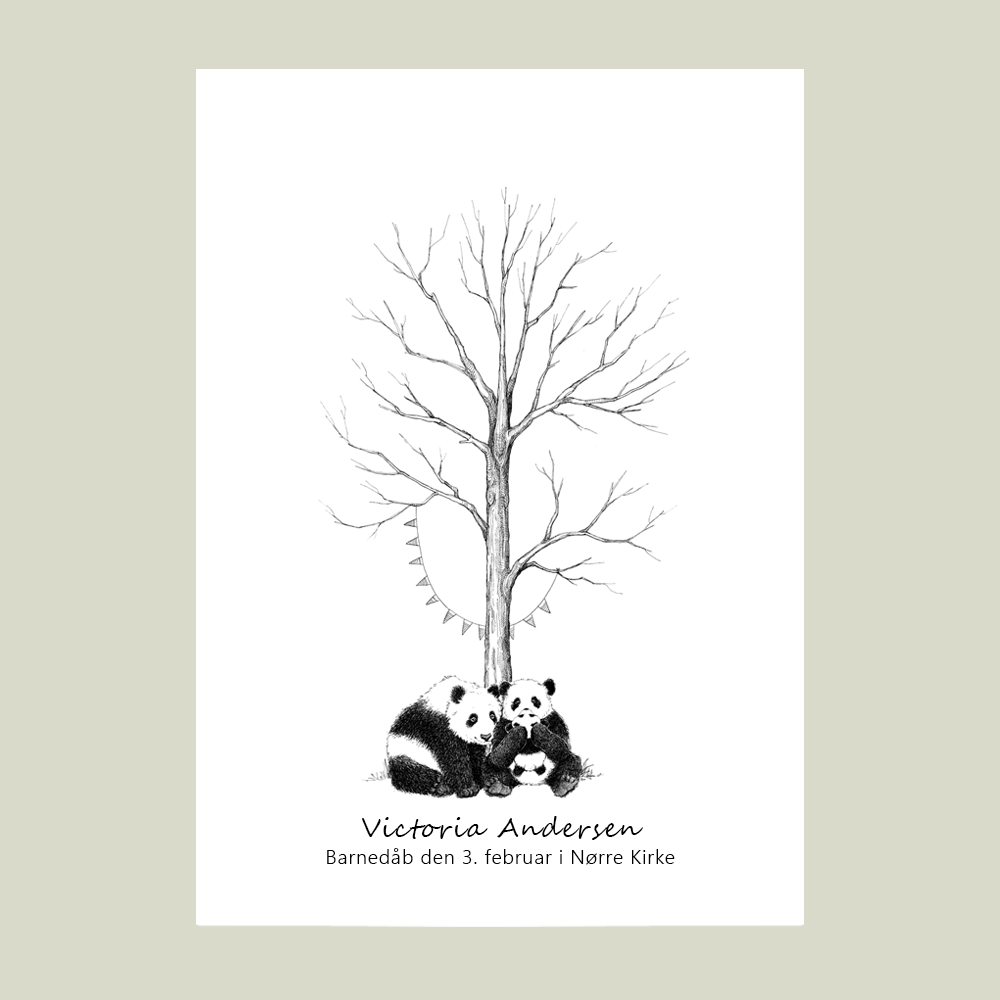 Fingeraftryksplakat med pandaer under træ – håndtegnet gæstebog plakat til barnedåb og navngivning.