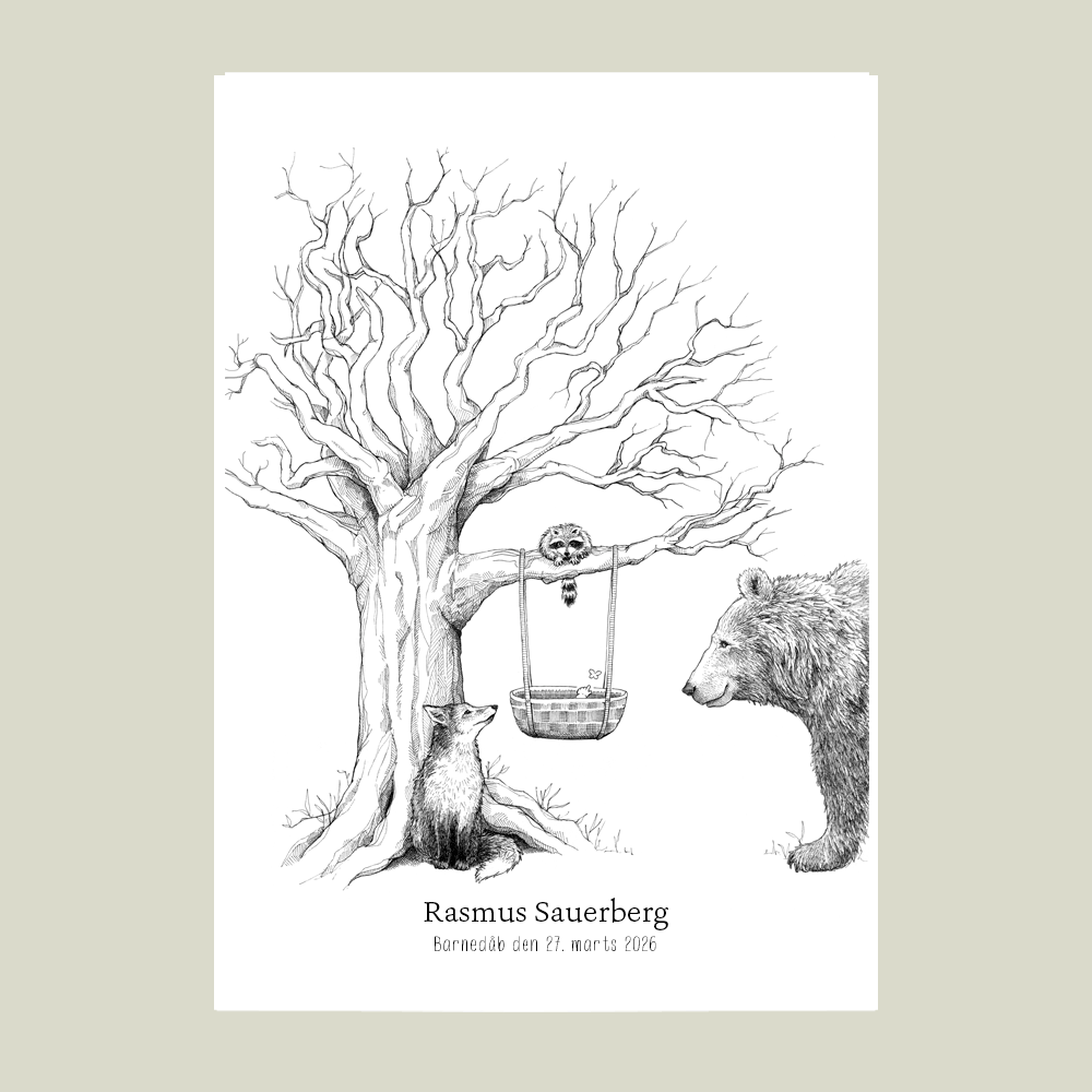 Fingeraftryksplakat med skovens dyr og træ med vugge – håndtegnet gæstebog plakat til barnedåb og navngivning.