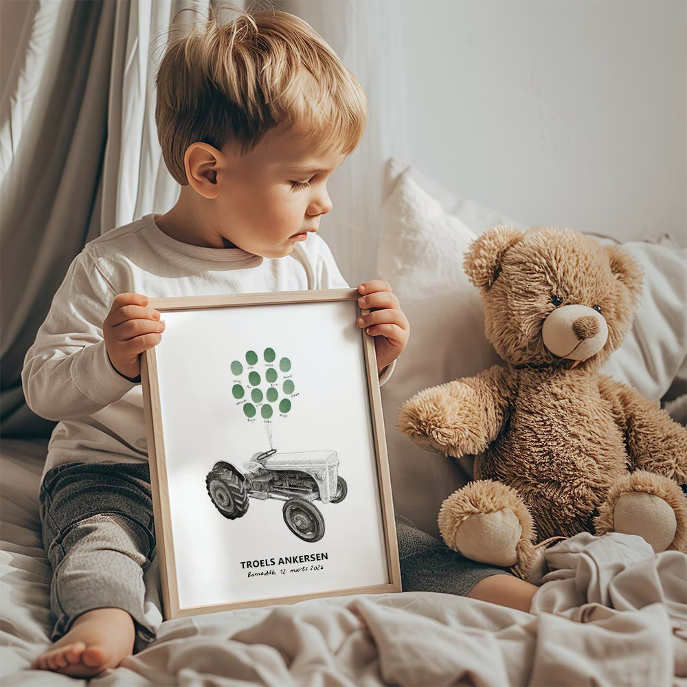 Fingeraftryksplakat med klassisk traktor – håndtegnet gæstebog plakat til barnedåb og navngivning.
