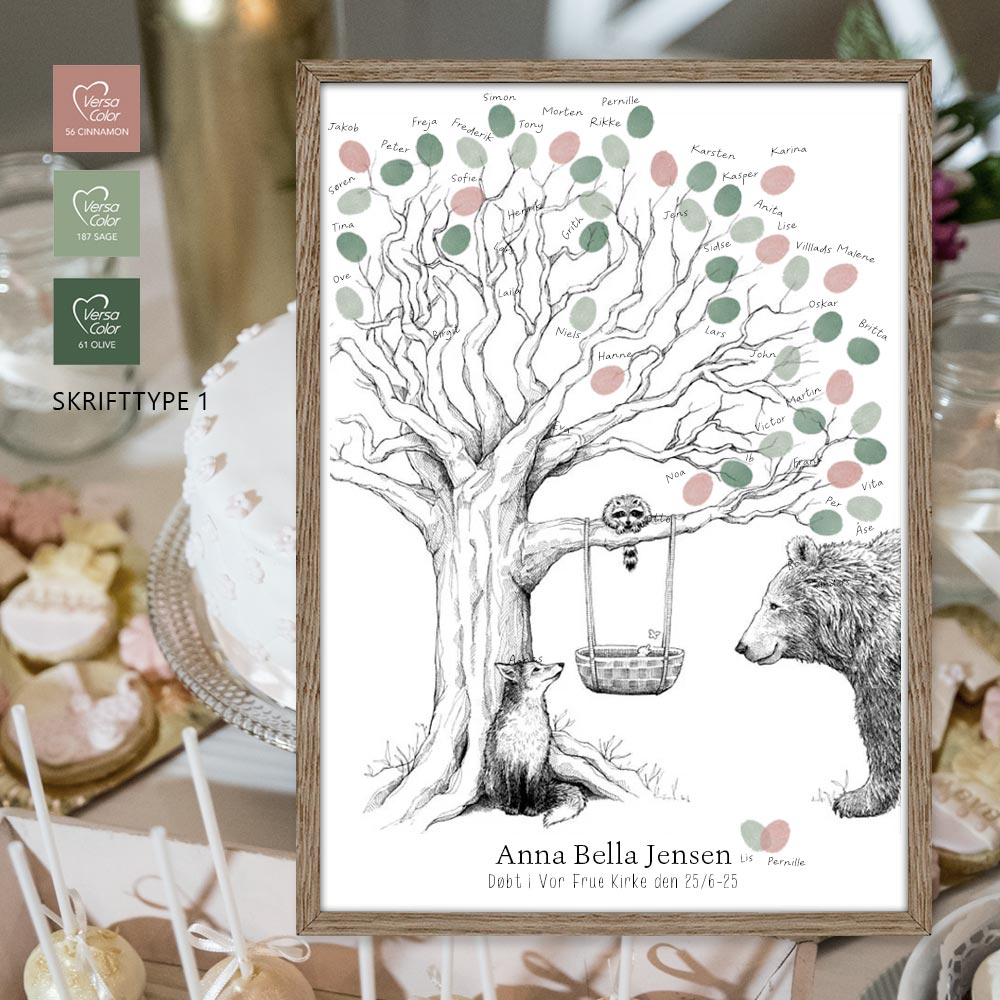 Fingeraftryksplakat med skovens dyr og træ med vugge – håndtegnet gæstebog plakat til barnedåb og navngivning.
