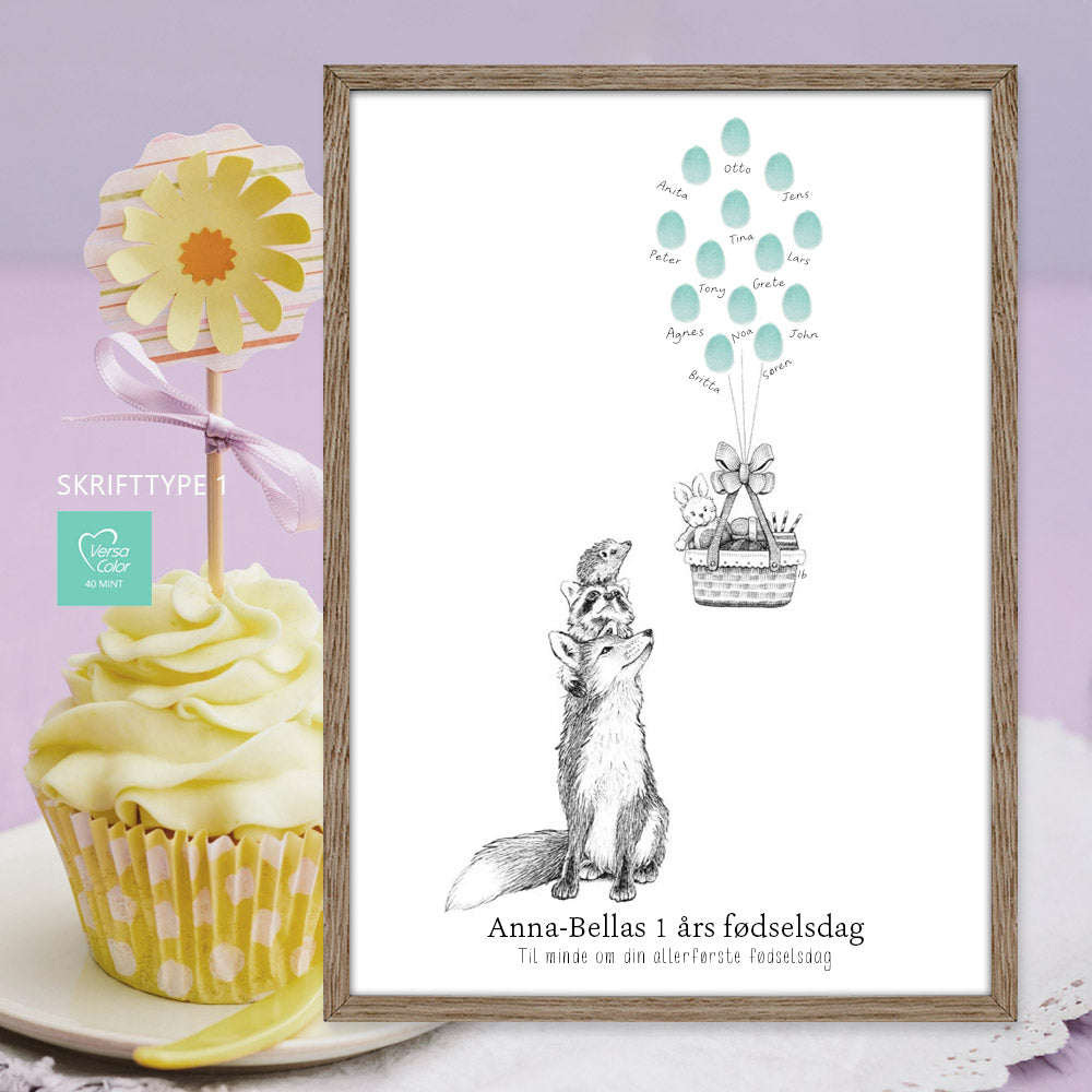 Fingeraftryksplakat med ræv, pindsvin og kurv med balloner – håndtegnet gæstebog plakat til fødselsdag og andre festlige anledninger.