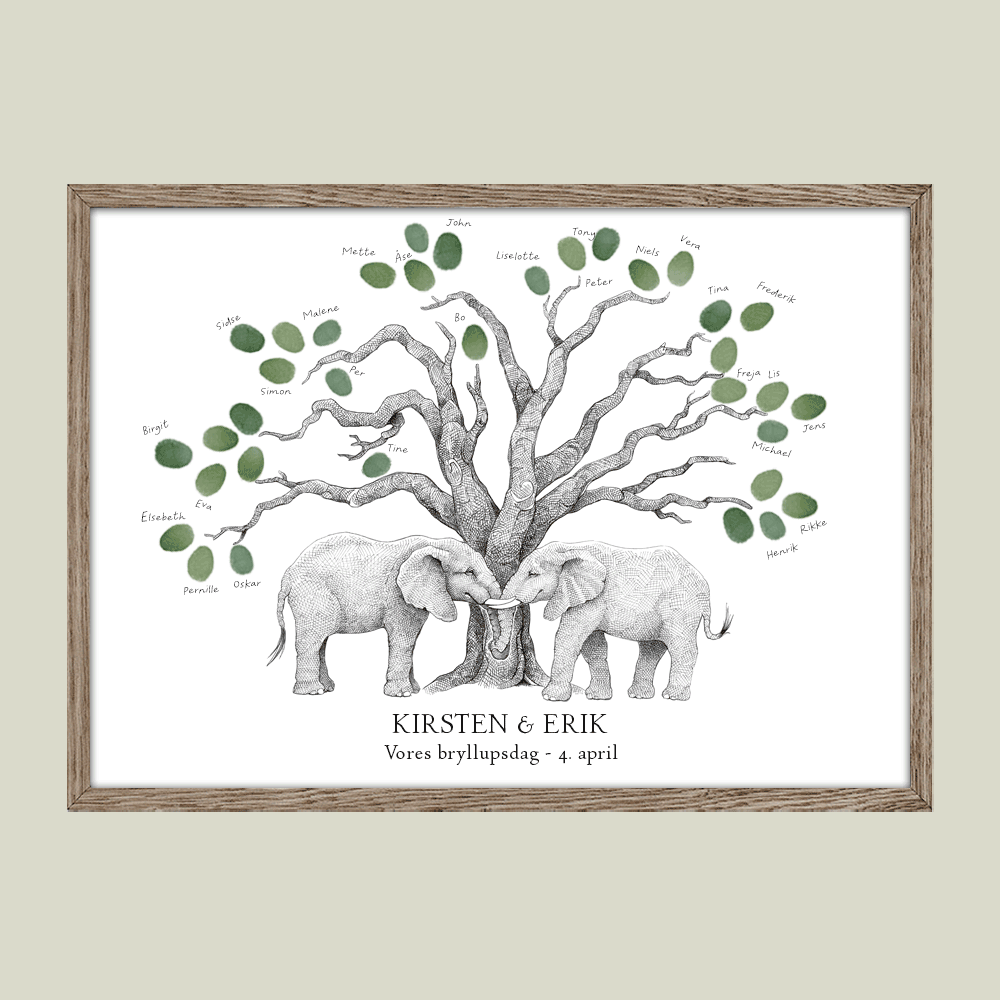 Håndtegnet fingeraftryksplakat med to elefanter ved træ. En gæstebog i billedform til bryllup, kobber-, sølv- eller guldbryllup – et varigt minde om kærligheden.
