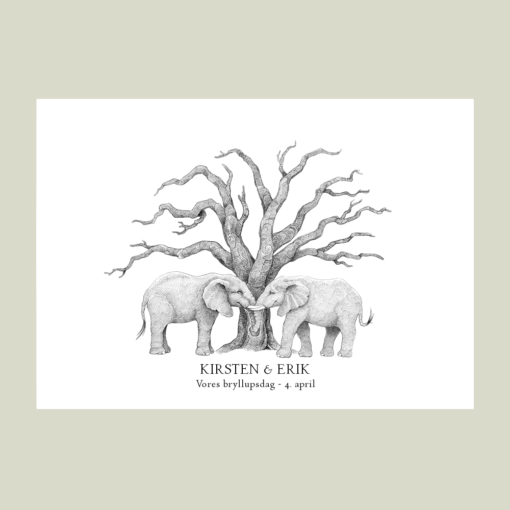 Håndtegnet fingeraftryksplakat med to elefanter ved træ. En gæstebog i billedform til bryllup, kobber-, sølv- eller guldbryllup – et varigt minde om kærligheden.