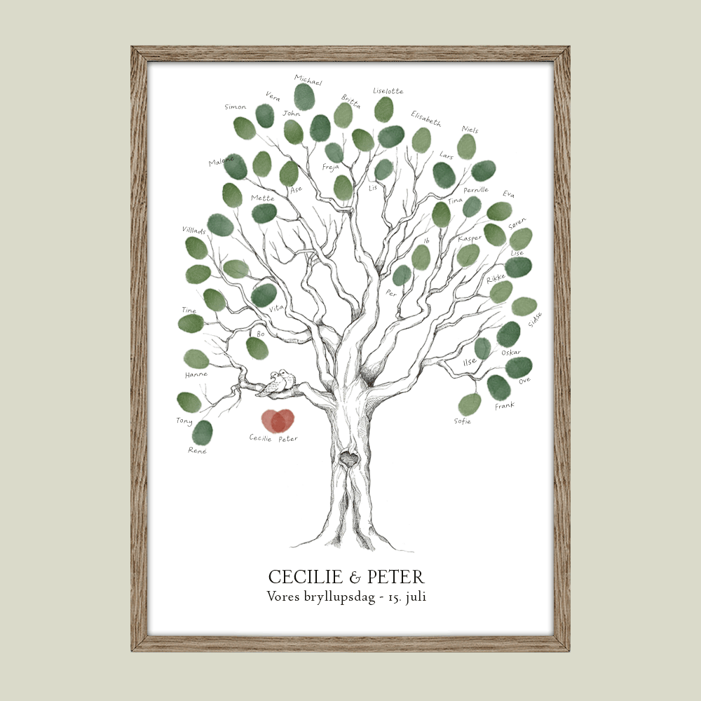 Fingeraftryksplakat med træ og hjerte – håndtegnet gæstebog plakat til bryllup, kobberbryllup, sølvbryllup og guldbryllup