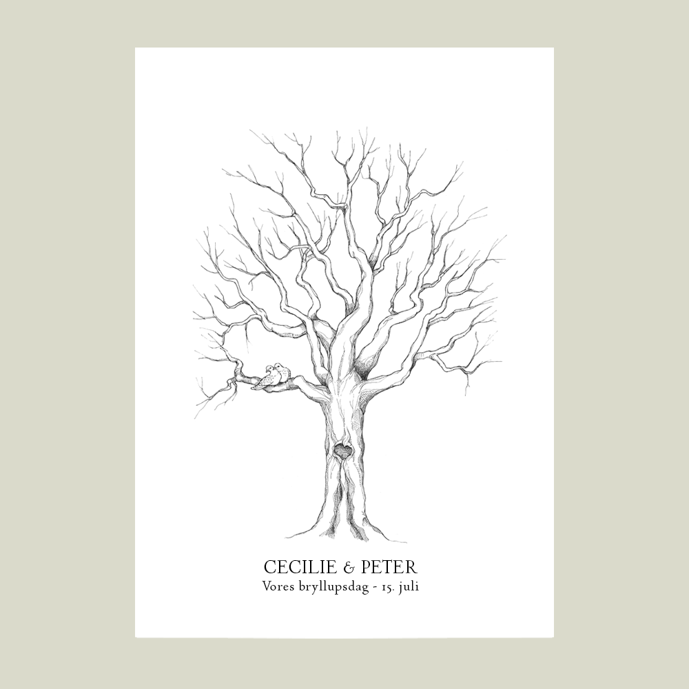 Fingeraftryksplakat med træ og hjerte – håndtegnet gæstebog plakat til bryllup, kobberbryllup, sølvbryllup og guldbryllup