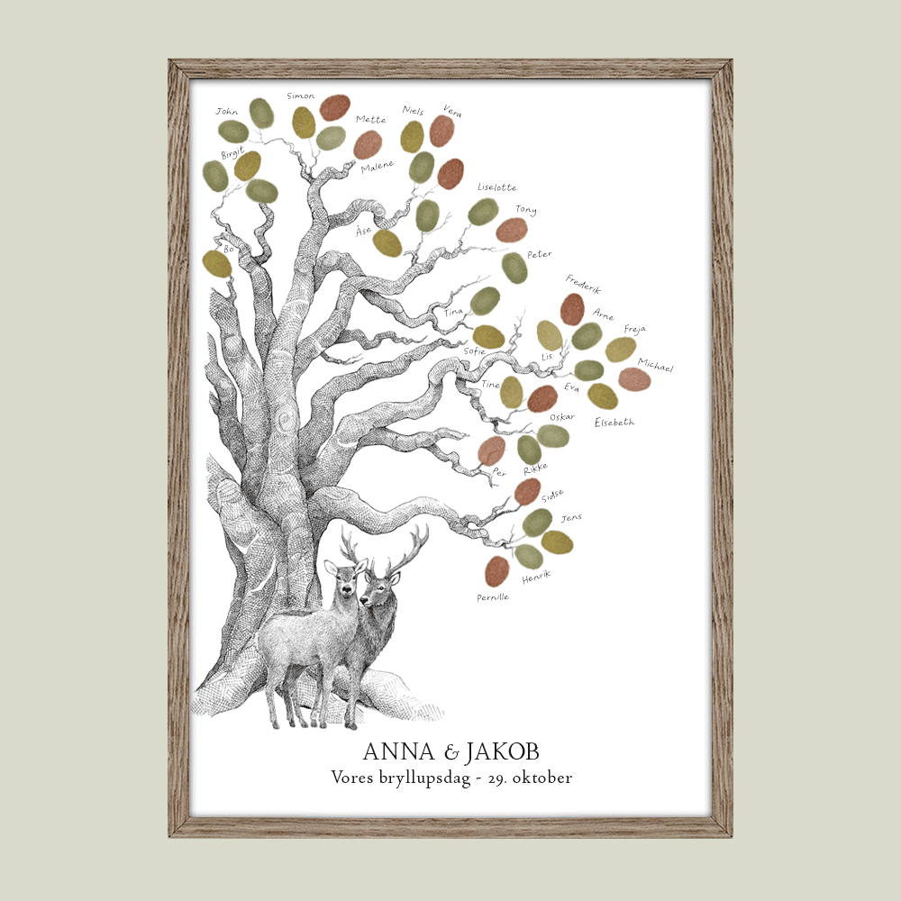 Håndtegnet fingeraftryksplakat med hjorte under træ. En gæstebog i billedform til bryllup, kobber-, sølv- eller guldbryllup – et varigt minde.