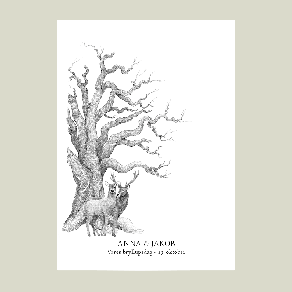 Håndtegnet fingeraftryksplakat med hjorte under træ. En gæstebog i billedform til bryllup, kobber-, sølv- eller guldbryllup – et varigt minde.