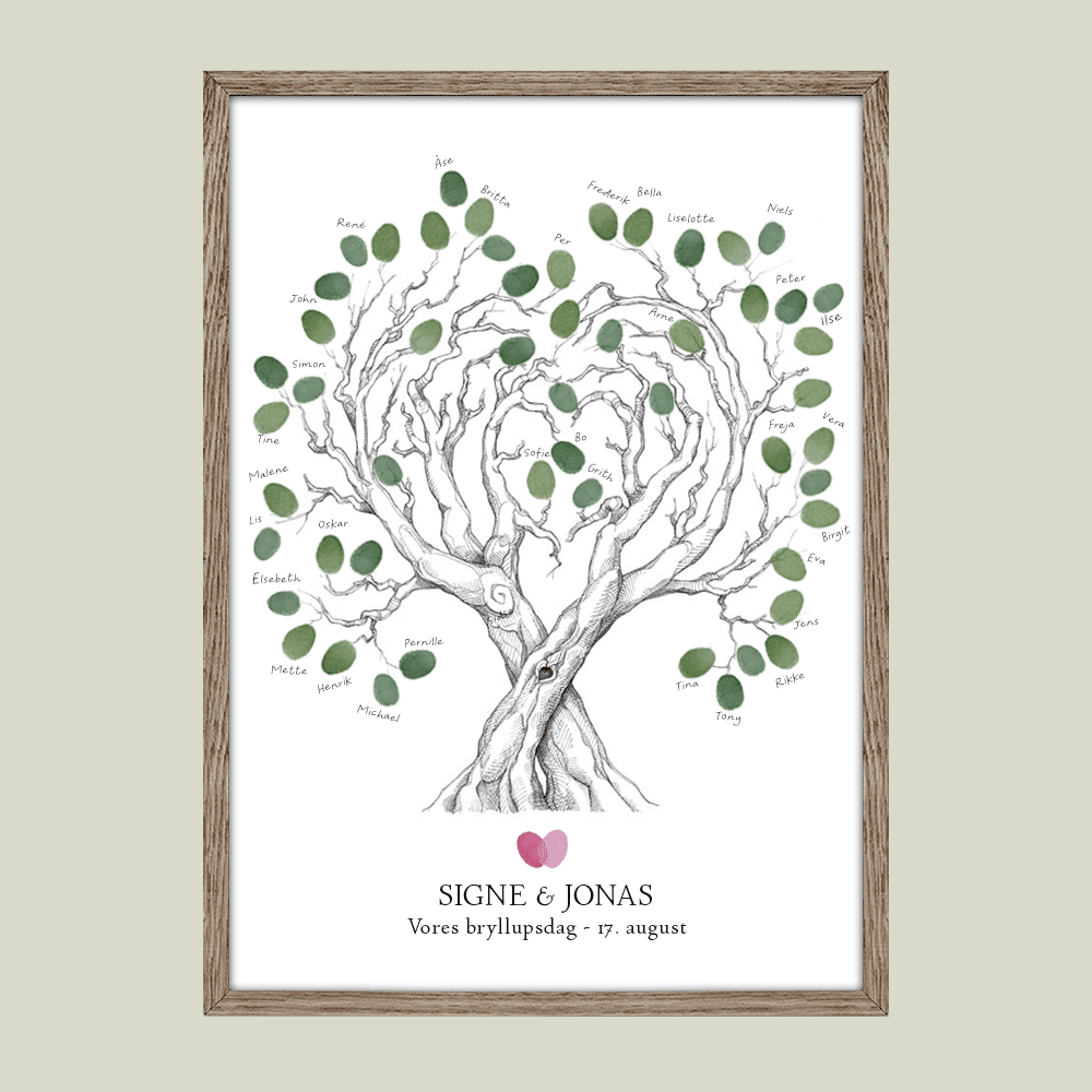 Fingeraftryksplakat med to træer i hjerteform – håndtegnet gæstebog plakat til bryllup, kobberbryllup, sølvbryllup og guldbryllup.