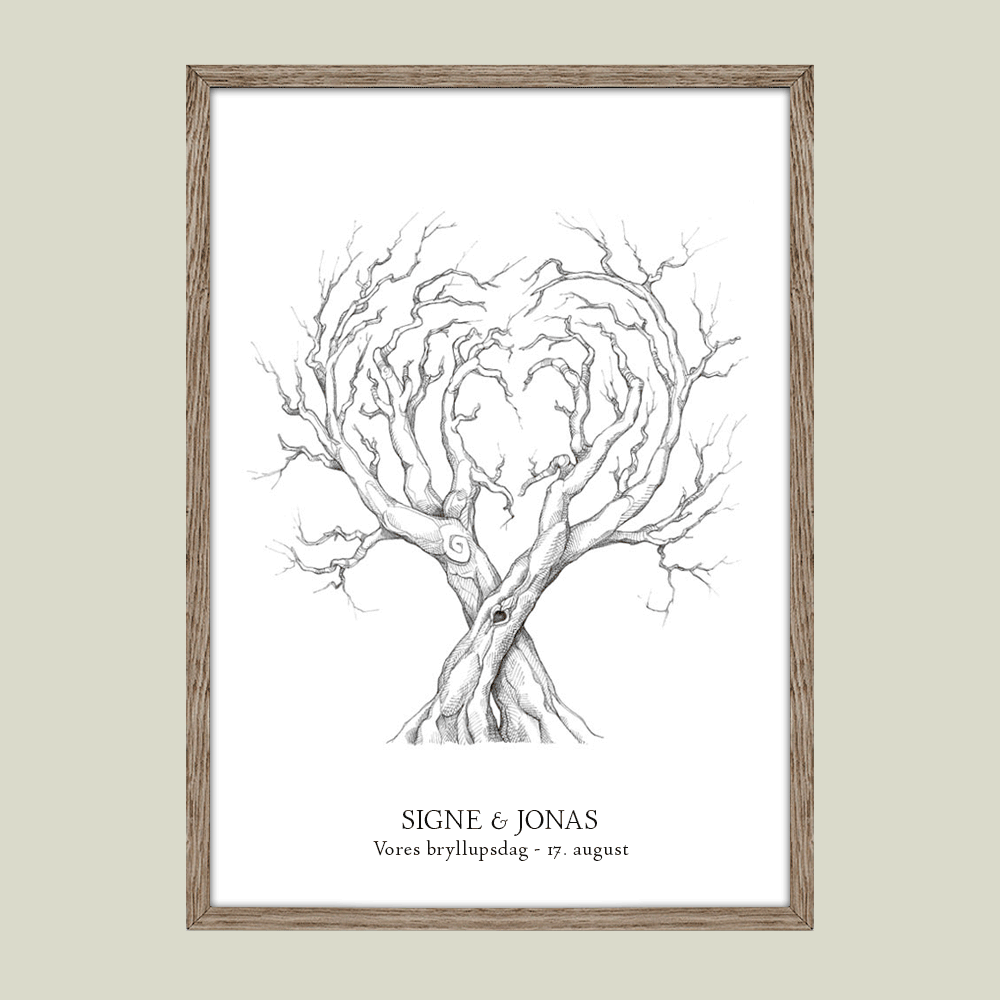 Fingeraftryksplakat med to træer i hjerteform – håndtegnet gæstebog plakat til bryllup, kobberbryllup, sølvbryllup og guldbryllup.