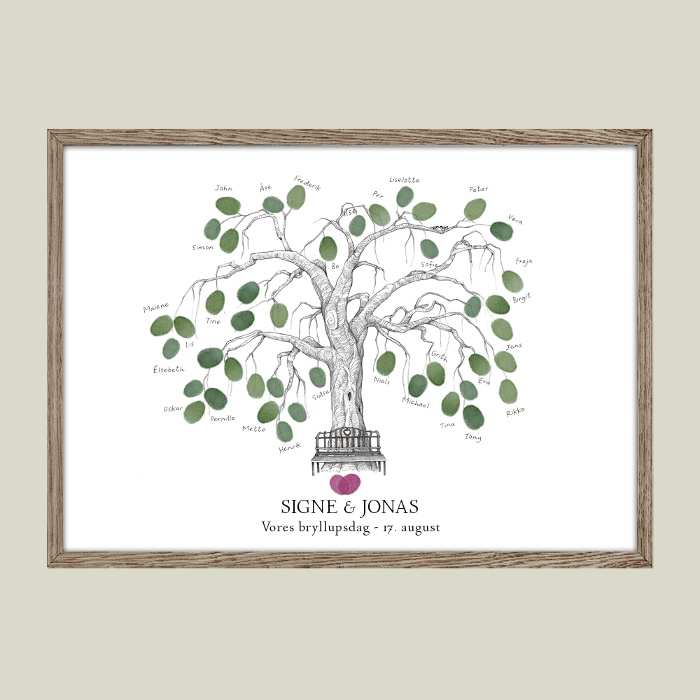 Fingeraftryksplakat med træ og bænk – håndtegnet gæstebog plakat til bryllup og bryllupsdag.