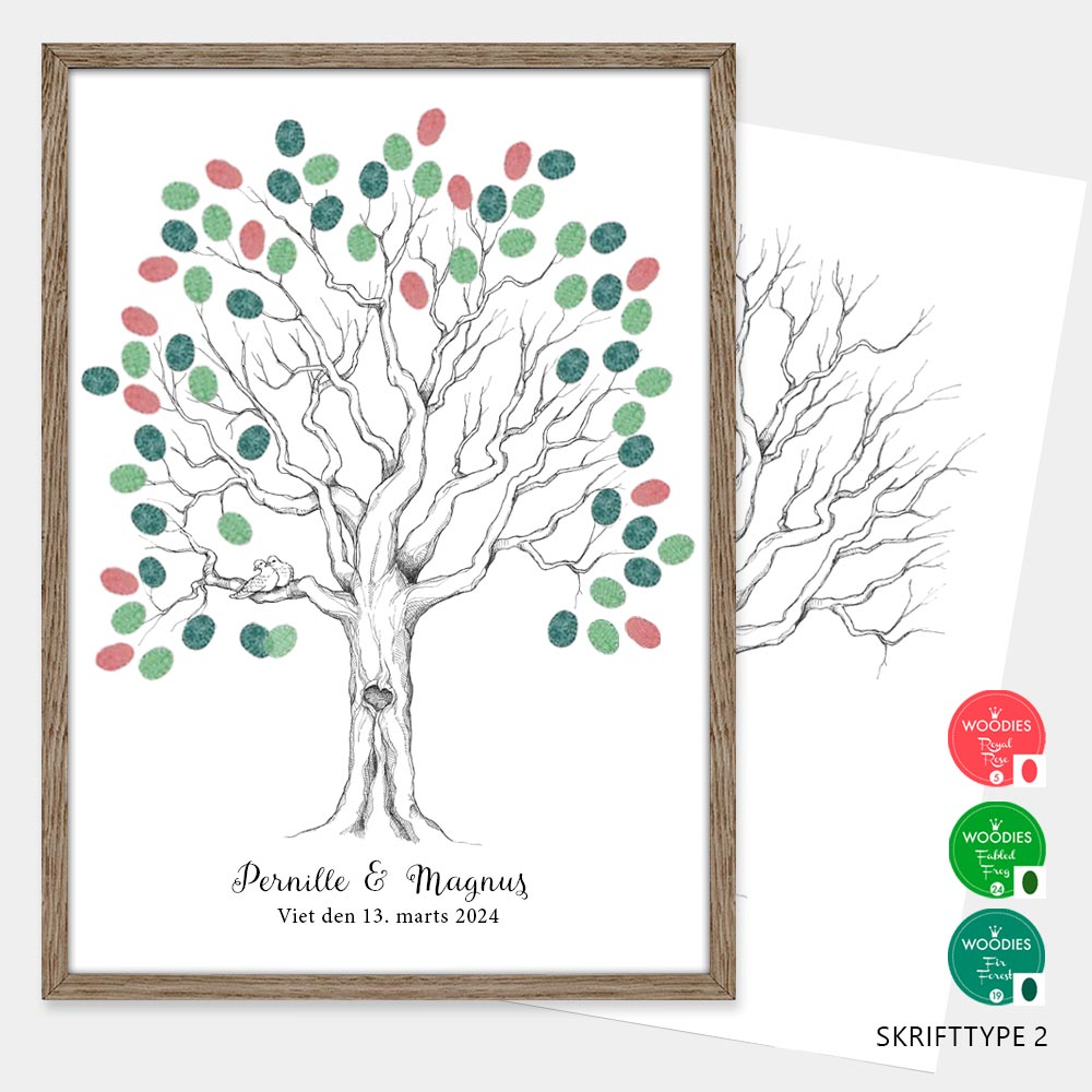Fingeraftryksplakat med træ og hjerte – håndtegnet gæstebog plakat til bryllup, kobberbryllup, sølvbryllup og guldbryllup