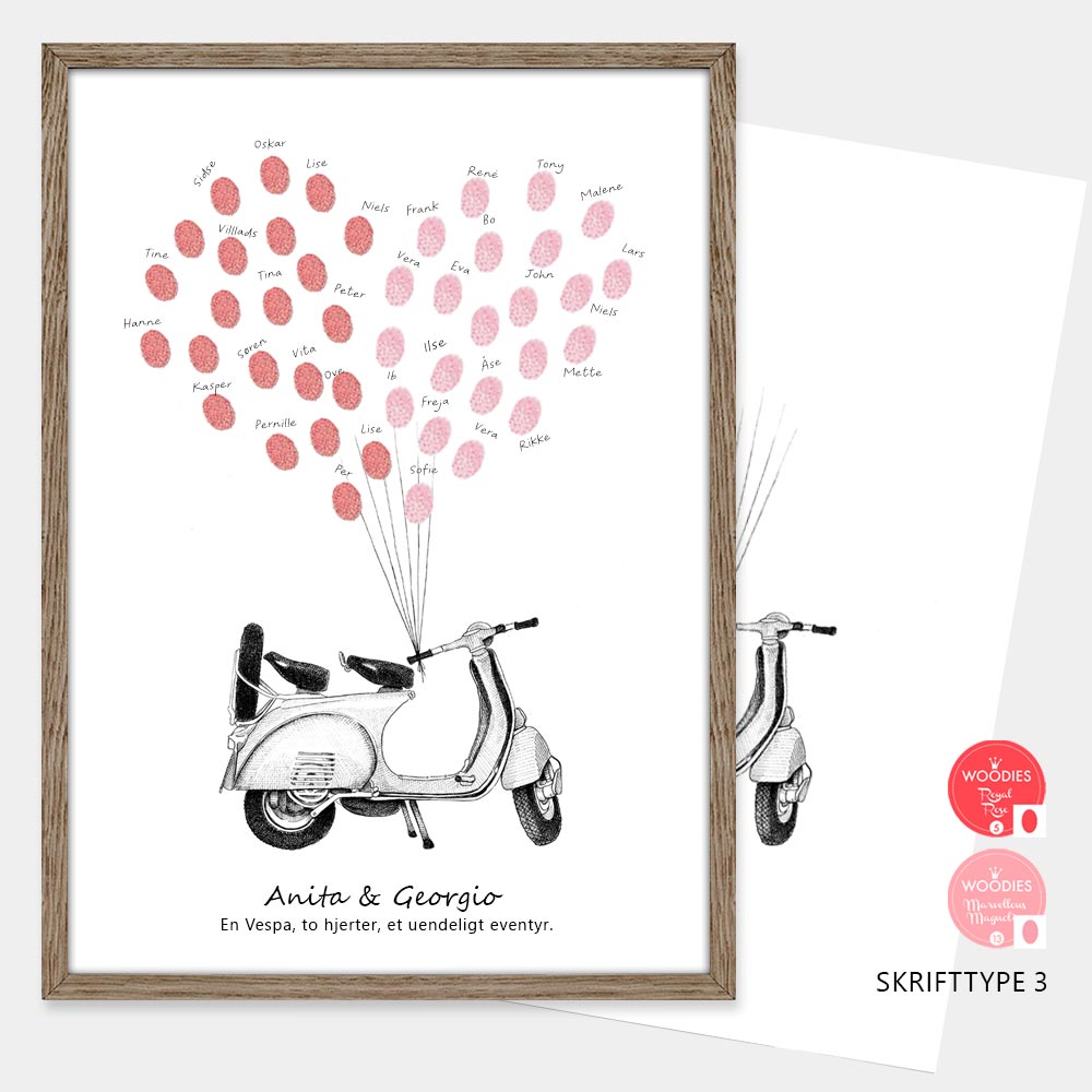Håndtegnet fingeraftryksplakat med scooter og balloner. En gæstebog i billedform til bryllup, kobber-, sølv- eller guldbryllup – et varigt minde.
