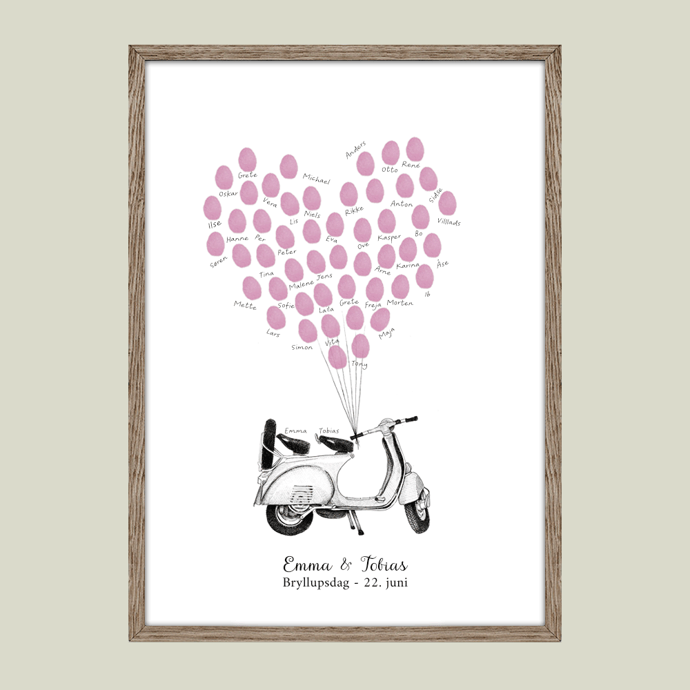 Håndtegnet fingeraftryksplakat med scooter og balloner. En gæstebog i billedform til bryllup, kobber-, sølv- eller guldbryllup – et varigt minde.