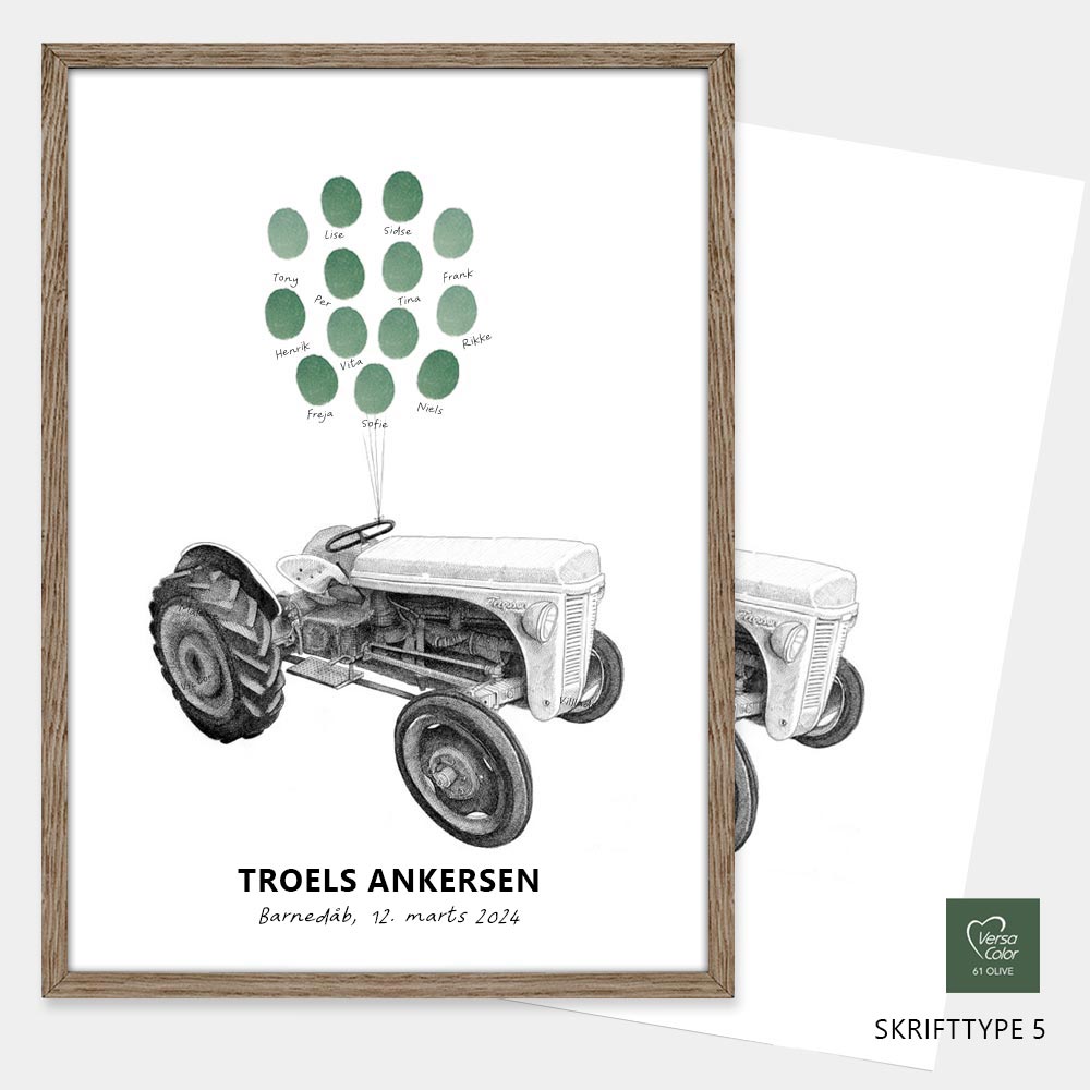 Fingeraftryksplakat med klassisk traktor – håndtegnet gæstebog plakat til barnedåb og navngivning.