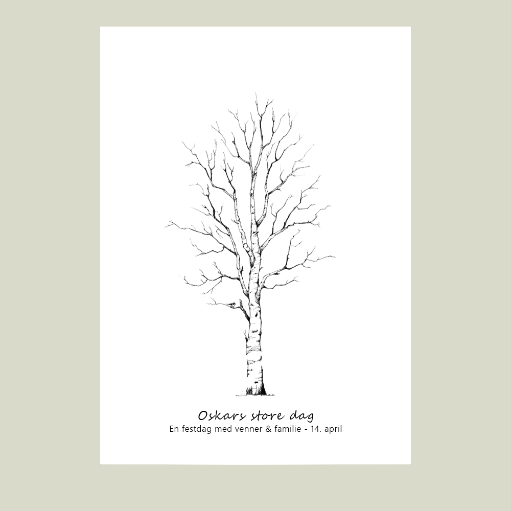 Fingeraftryksplakat med birketræ – håndtegnet gæstebog plakat til konfirmation og nonfirmation.