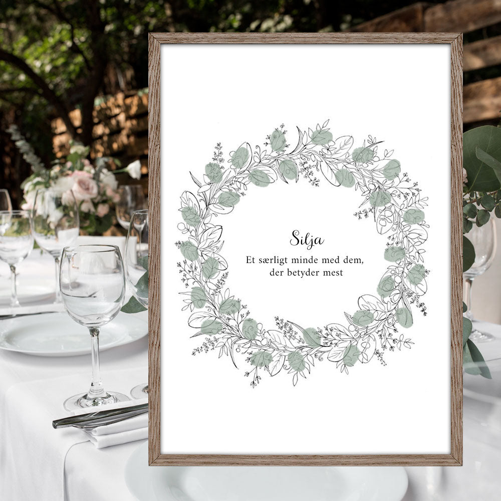Fingeraftryksplakat med blomsterkrans – håndtegnet gæstebog plakat til konfirmation og nonfirmation.