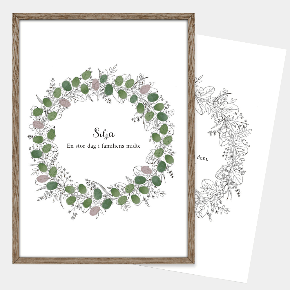 Fingeraftryksplakat med blomsterkrans – håndtegnet gæstebog plakat til konfirmation og nonfirmation.