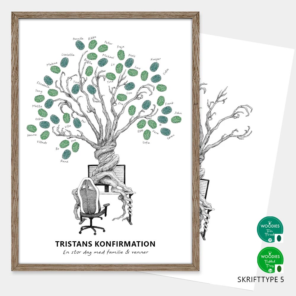 Fingeraftryksplakat med gamertræ og computer – håndtegnet gæstebog plakat til konfirmation og nonfirmation.